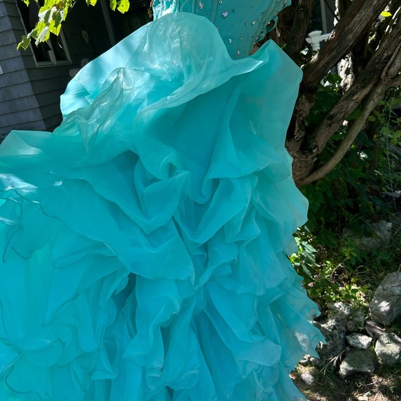 Turquoise Strapless Ruffled Gown - Picture 3 of 5